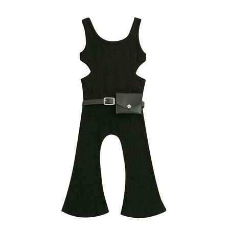 

aturustex Toddler Girls Sleeveless Rompers Solid Color Knitted Ribbed Waist Cutout Jumpsuits with Waist Bag Summer