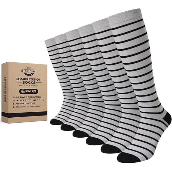 Diamond Star Unisex Knee-high Compression casual socks-Moisture Wicking, Arch Support Men's & Women's Fit (6 Pairs- Silver body Color with Black Stripes & Heel/Toe)