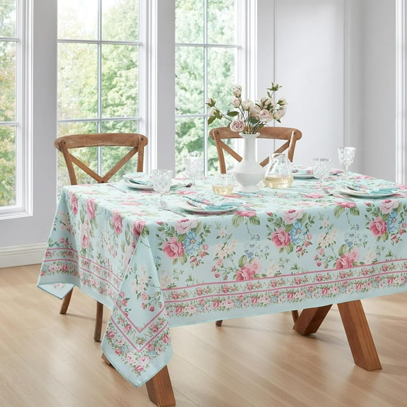 Home Fashions Spring Summer Vintage Floral Garden Cottage Border Fabric Rectangle Tablecloth, 60"x120"