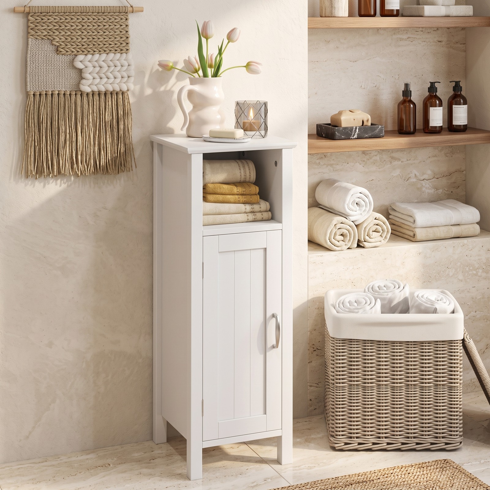 Fenbeli 1-Door Freestanding Bathroom Cabinet with Open Shelf, 2-Tier Floor Storage Organizer and Anti-Tip MDF Corner Cabinet for Bathroom Bedroom Living Room, White