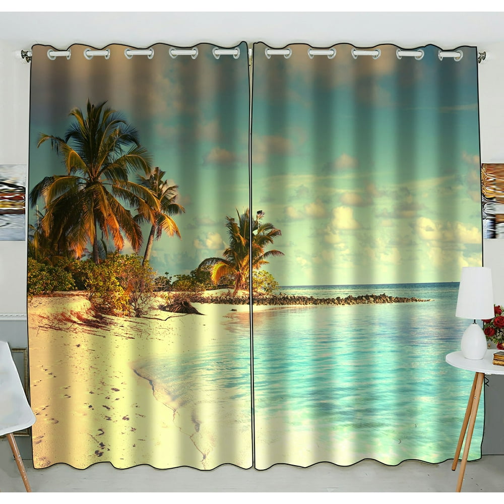 PHFZK Ocean theme Window Curtain, Beautiful Maldives Beach with Palms and Blue Sea Window