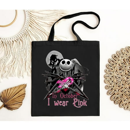 vintage Custom Tote Bag Beautiful   Jack Skellington Breast Cancer In October I Wear Pink Halloween Bag-TH19034