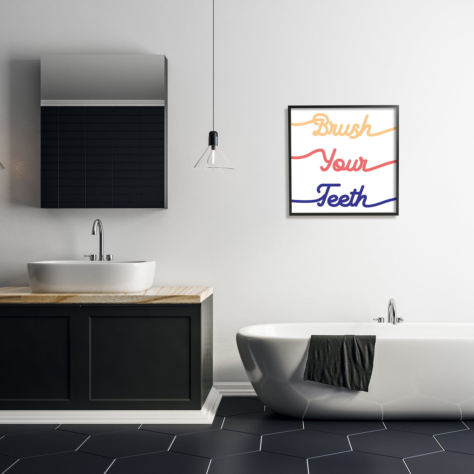 Stupell Industries Brush Your Teeth Children's Bathroom Dental Hygiene Typography Painting Black Framed Art Print Wall Art, 24 x 24
