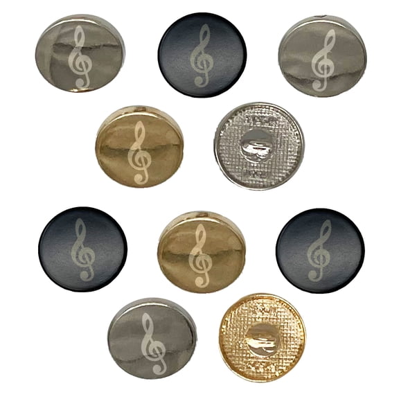 Treble Clef Music Set of 10 Metal 0.6" (15mm) Sewing Shank Round Buttons - Silver Color