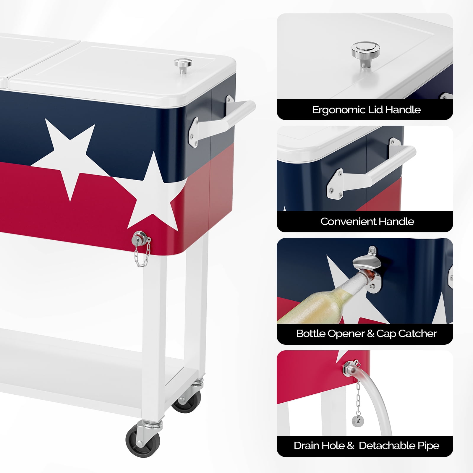 Ktaxon 80 Qt Rolling Ice Chest Cooler Cart Outdoor Trolley with Storage Shelf, Bottle Opener & Cap Collector for 48 Hour Cold Drinks, Large Five-pointed Star