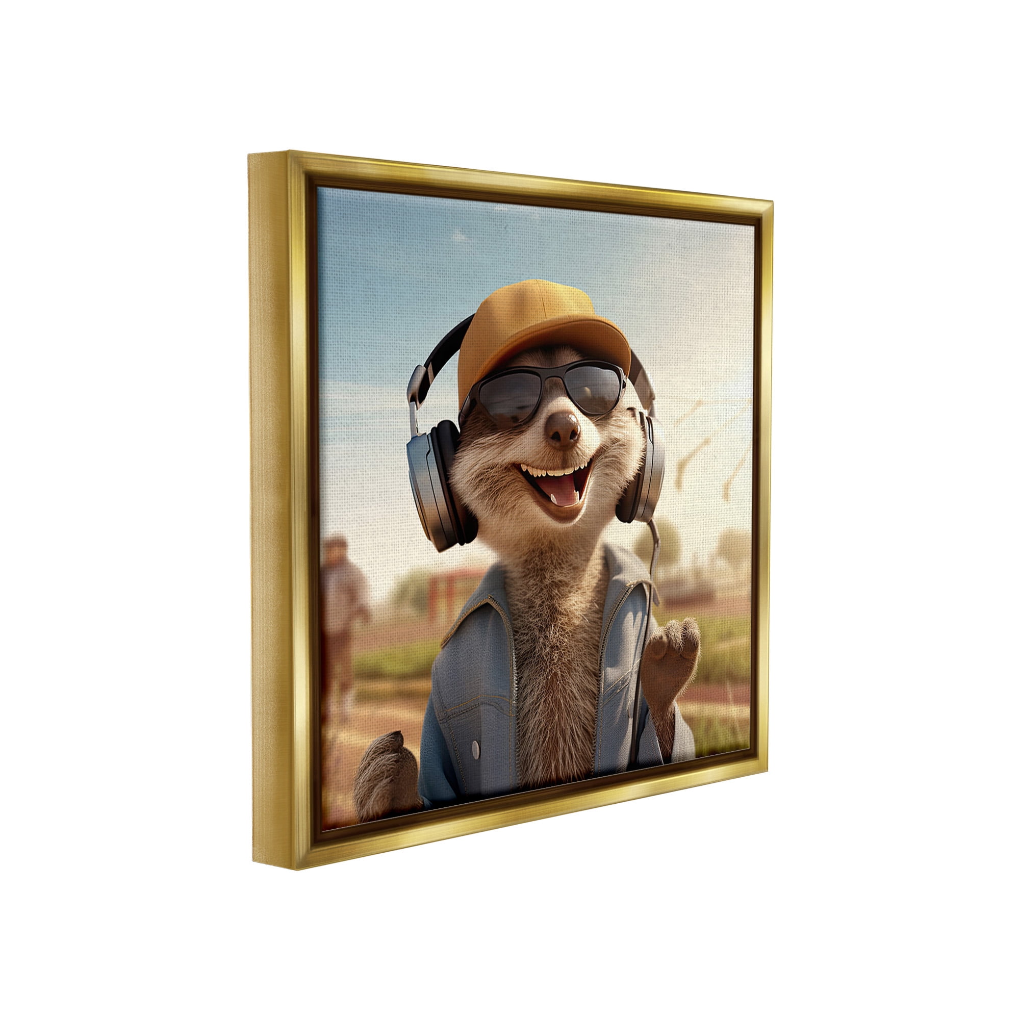 Stupell Industries Happy Fox with Headphones Animals & Insects Painting Gold Floater Framed Canvas Art Print Wall Art, 25 x 25