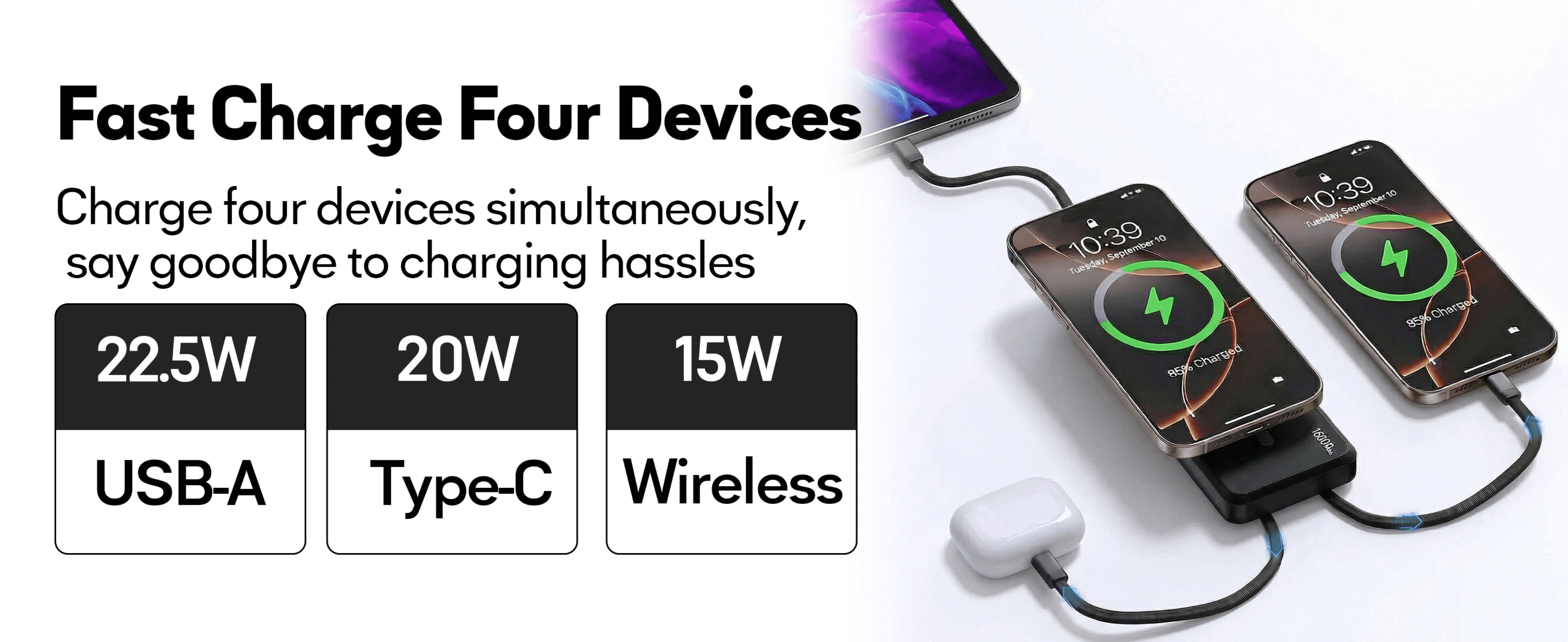 2 Pack Magnetic Wireless Power Bank 16800mAh 22.5W PD Built-in Cables Kickstand Black White Portable Charger with LED Display for iPhone 12-16