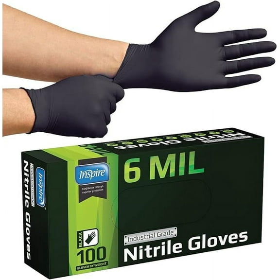 Inspire Nitrile Gloves, HEAVY DUTY 6 Mil Nitrile Disposable Gloves, THE ORIGINAL Nitrile, Medical, Food Service, Cleaning, Black, 100 Count, Size Large