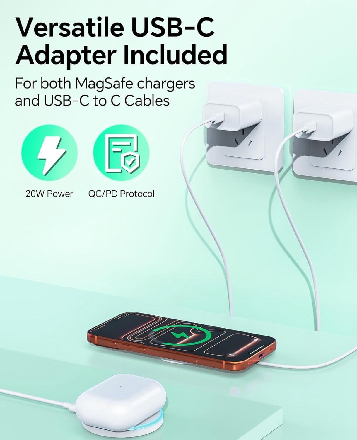 Magnetic Wireless Charger, 2-Pack, 15W Fast Charging, 4.9ft (1.5m) Cable Length, Compatible with iPhone 17/16/15/14/13/12 and AirPods, White, Adapter Included