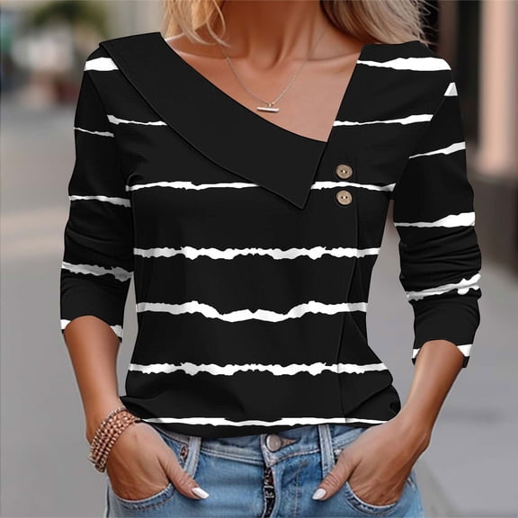 Qepwscx Womens Long Sleeve Shirts Tops for Women V Neck Stripe Print Casual Blouses Going Out Tops Graphic Tees Spring Fall Top Basic Loose Fits Business Tshirts for Women S-XXL 