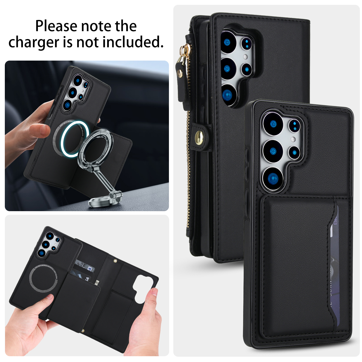 Designed for Samsung Galaxy S24 FE Multi-Function Wallet Phone Case,With Shoulder Strap&Wrist Strap,Cash Pocket&Card Slots,Zipper Purse,Magnetic Detachable PU Leather Flip Phone Case,Black