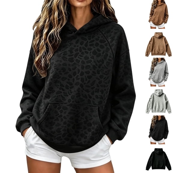 UDAUDU Womens Leopard Hoodie Oversized Y2k Fleece Hoodies Trendy Pullover Sweatshirts with Pockets Drop Shoulder Fall Winter Streetwear Daily Outfit XL