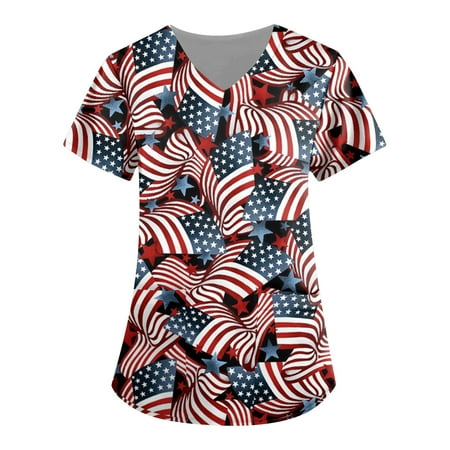 

Mlqidk Scrub Tops Women Stretchy Clearance American Flag Printed Short Sleeve Nurse Working Uniform Summer V Neck Holiday Tunic Blouse with Pocket Wine XL