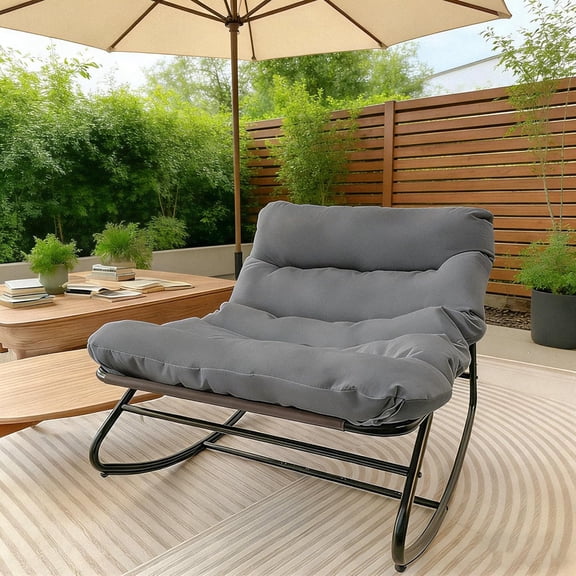 Outdoor Papasan Rocking Chair with Cushion, Oversized Patio Lounge Rocker, Heavy Duty 450 lbs Capacity, Comfortable Indoor & Outdoor Chair for Garden, Lawn, Bedroom, Living Room, Gray