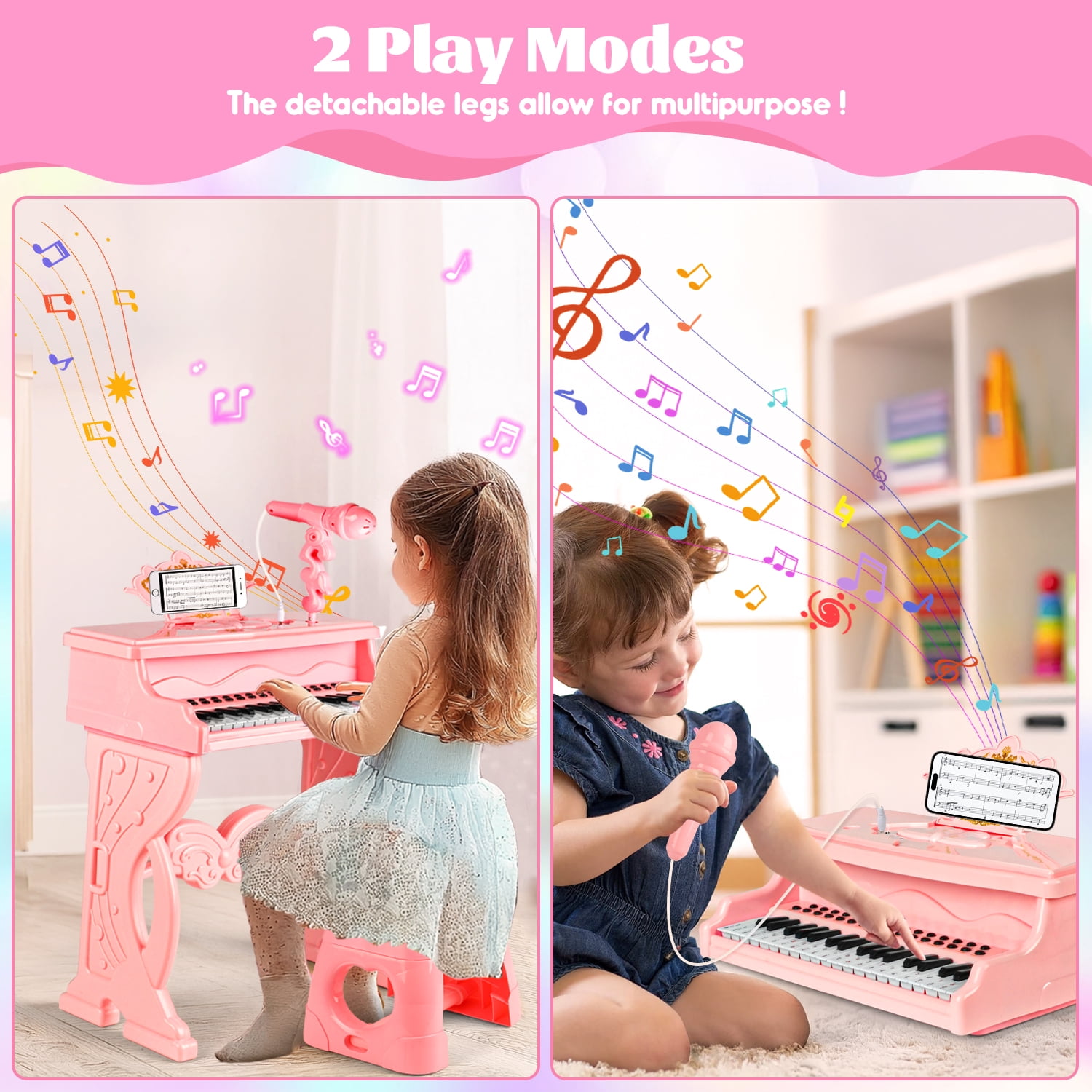Beefunni Kids Electronic Musical Instrument Piano Learning Toy Keyboard w/Multiple Sounds, Lights, Microphone, Stool, Birthday Gift for Girls 3 4 5 6 Years Old-Pink