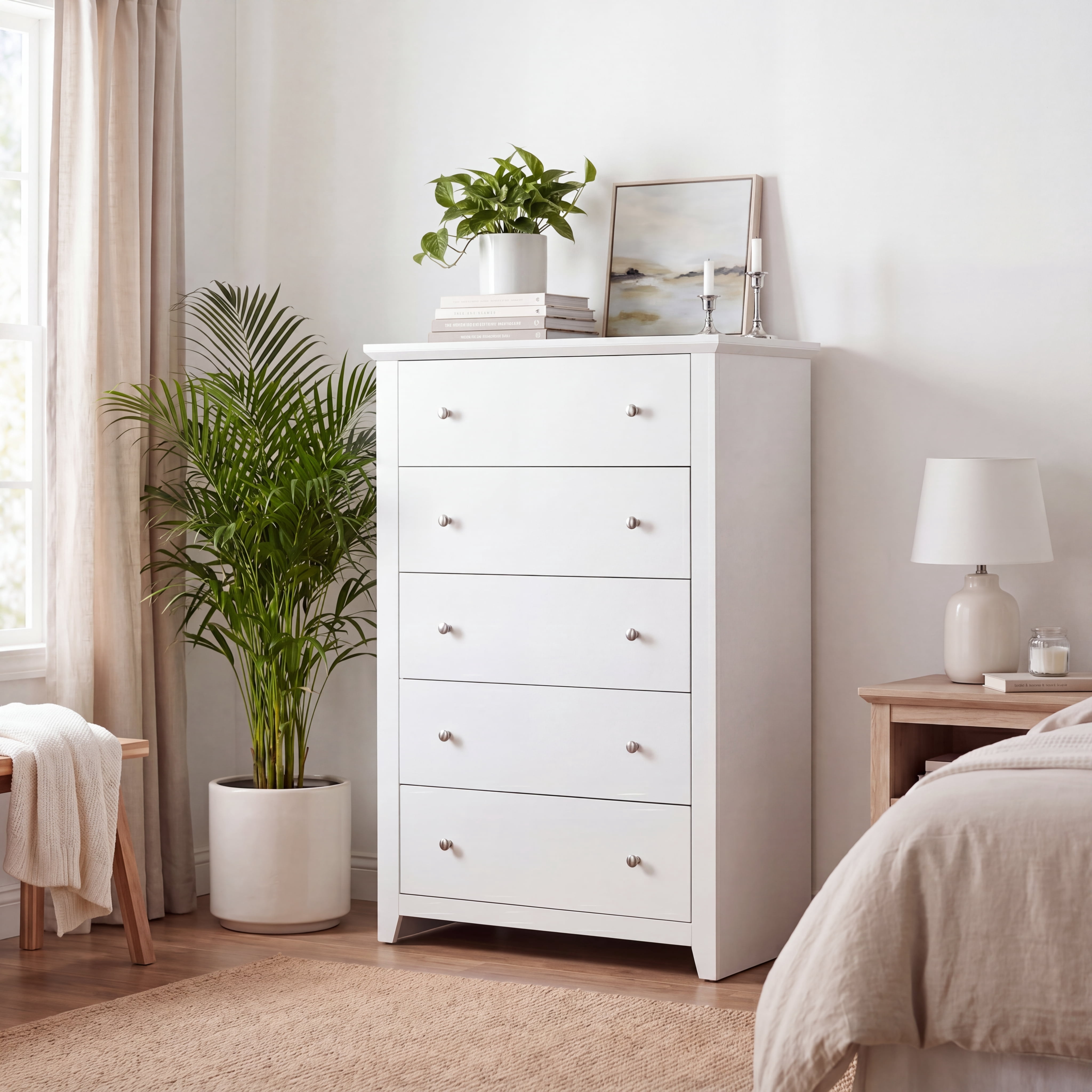 TrumanPick White Dresser for Bedroom with 5 Drawers 47" Tall Chest of Drawers Wooden Dressers for Living Room Closet 31"D x 17"W