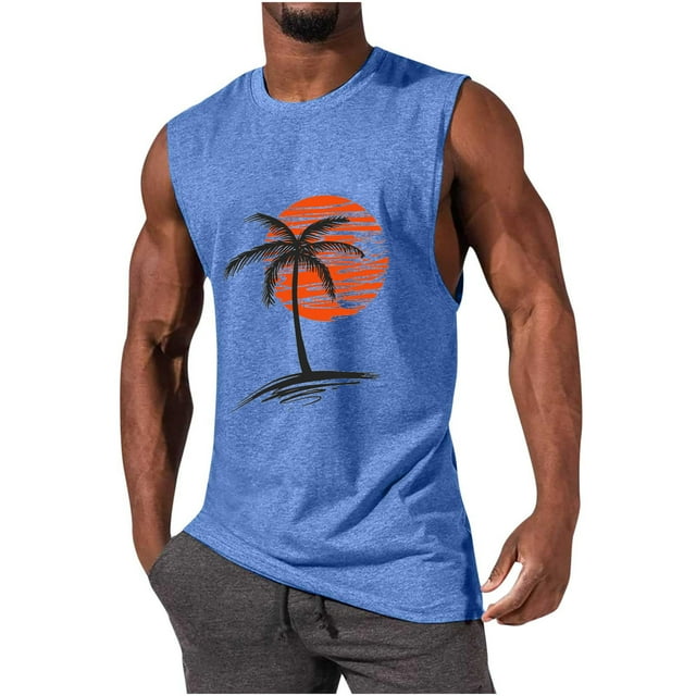 TIMIFIS Débardeur d'Été Bleu pour Hommes Imprimé Tropical Ample Confortable Col Rond Débardeur de Plage Ajusté Muscle Sport Entraînement Physique Tee Tops - Printemps/été
