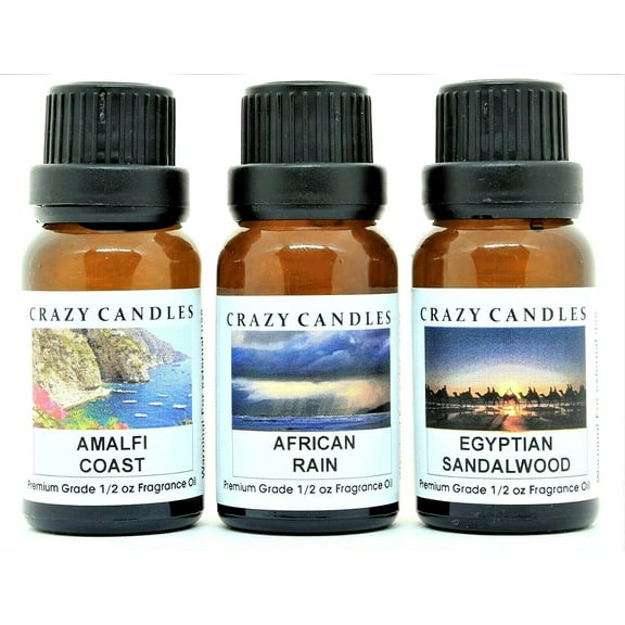Crazy Candles 3 Bottles Set, 1 Amalfi Coast, 1 African Rain, 1 Egyptian Sandalwood 1/2 Fl Oz Each (15ml) Premium Grade Scented Fragrance Oils