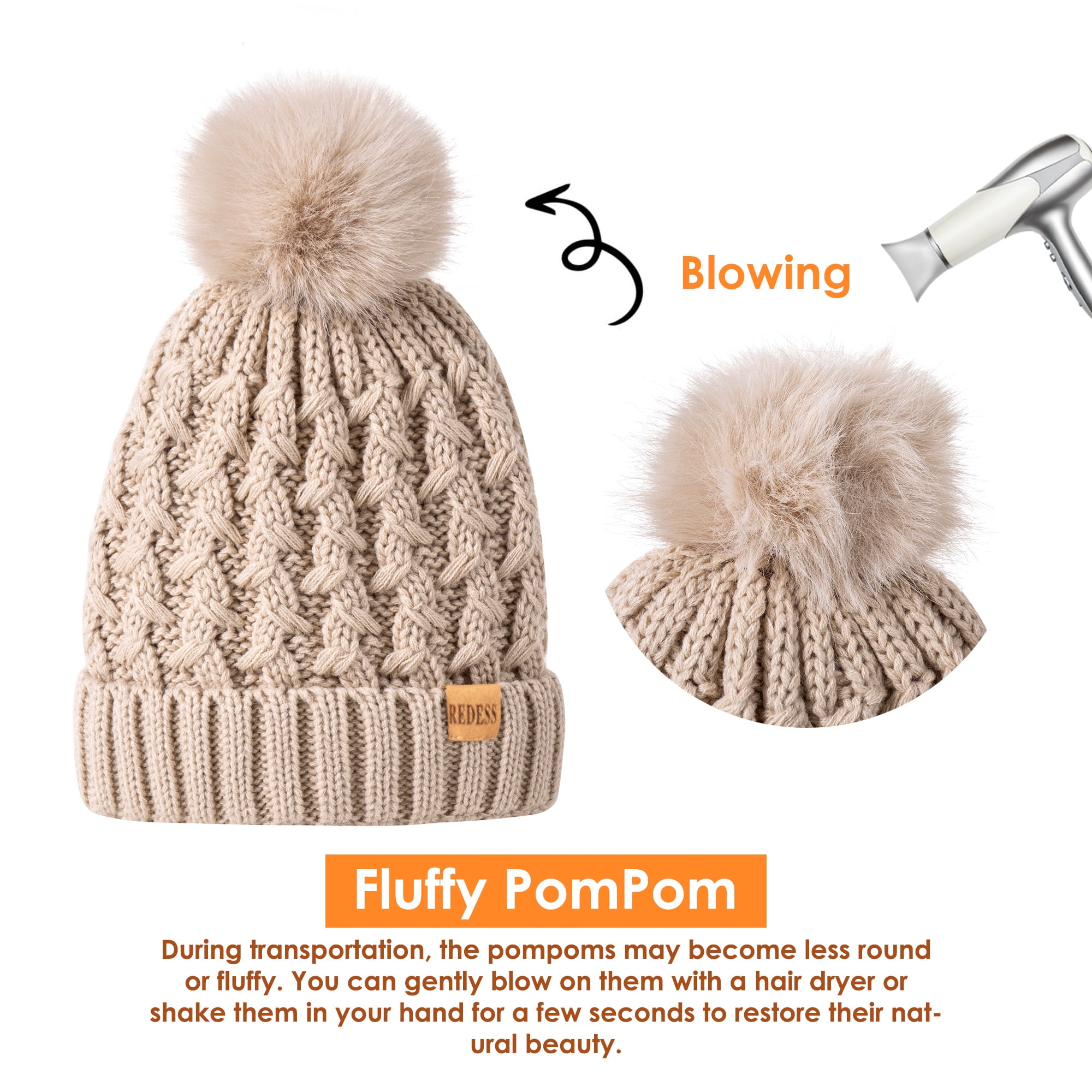 REDESS Winter Women's Beanie Hat Scarf Gloves Set, Fleece Lined Winter Hat with Pom Pom,Black