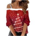 thumbnail image 2 of Fiudx Liquidación de Ahorros de Verano Top de Camiseta con Estampado Navideño de Doble Hombro Informal a La Moda para Mujer, 2 of 5