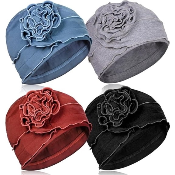 4 Piece Elegant Chemo Turbans, Floral Design Soft Elastic Headwear for Women with Cancer, Daily & Special Occasion Wear