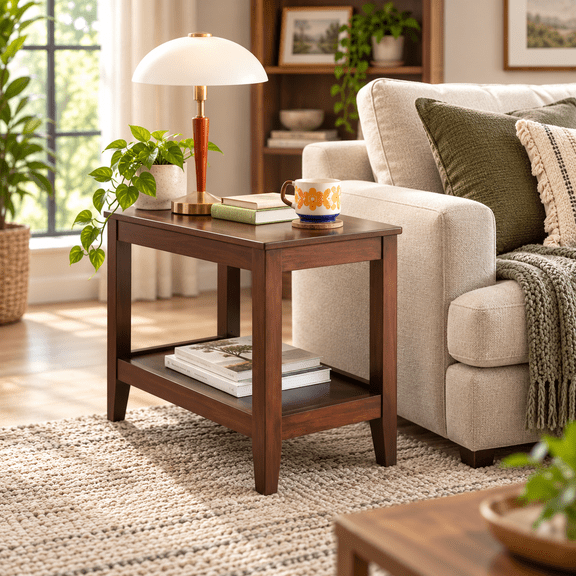 LauKingdom 23.6'' Small Coffee Table with Lower Storage Shelf, Rectangular Wood Living Room Side Table, Compact End Table for Sofa Bedroom Apartment