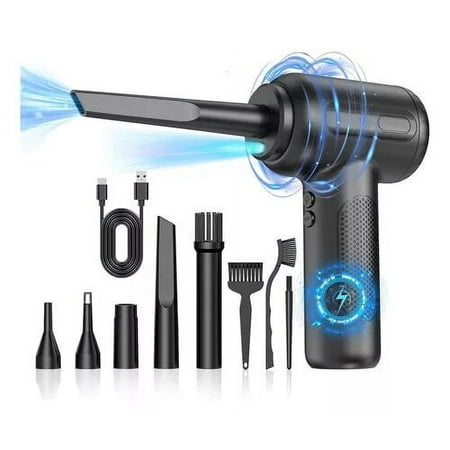Compressed Air Duster,150000RPM 3 Speeds-Powerful Electronic Compressed Air Duster,7500mAh Rechargeable,Car Cleaning Kit, LED Work Light, 6 Types of Nozzles, Storage Bag