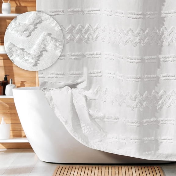 White Shower Curtain Boho Textured Tufted Striped Shower Curtain Polyester 72" x 72"