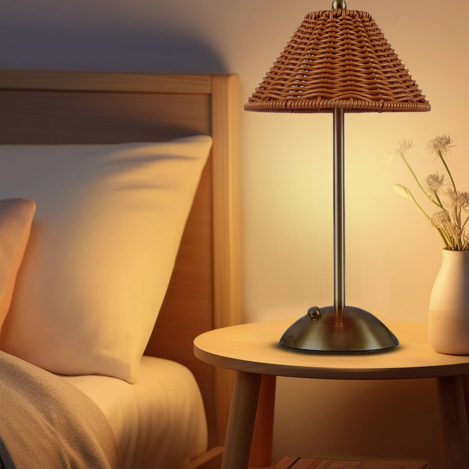 Rechargeable Rattan Table Lamp - 3 Color Temperature Dimmable LED Boho Desk Light | 5200mAh Battery Cordless Wicker Lamp for Bedside, Living Room & Hotel Dining | Touch Control