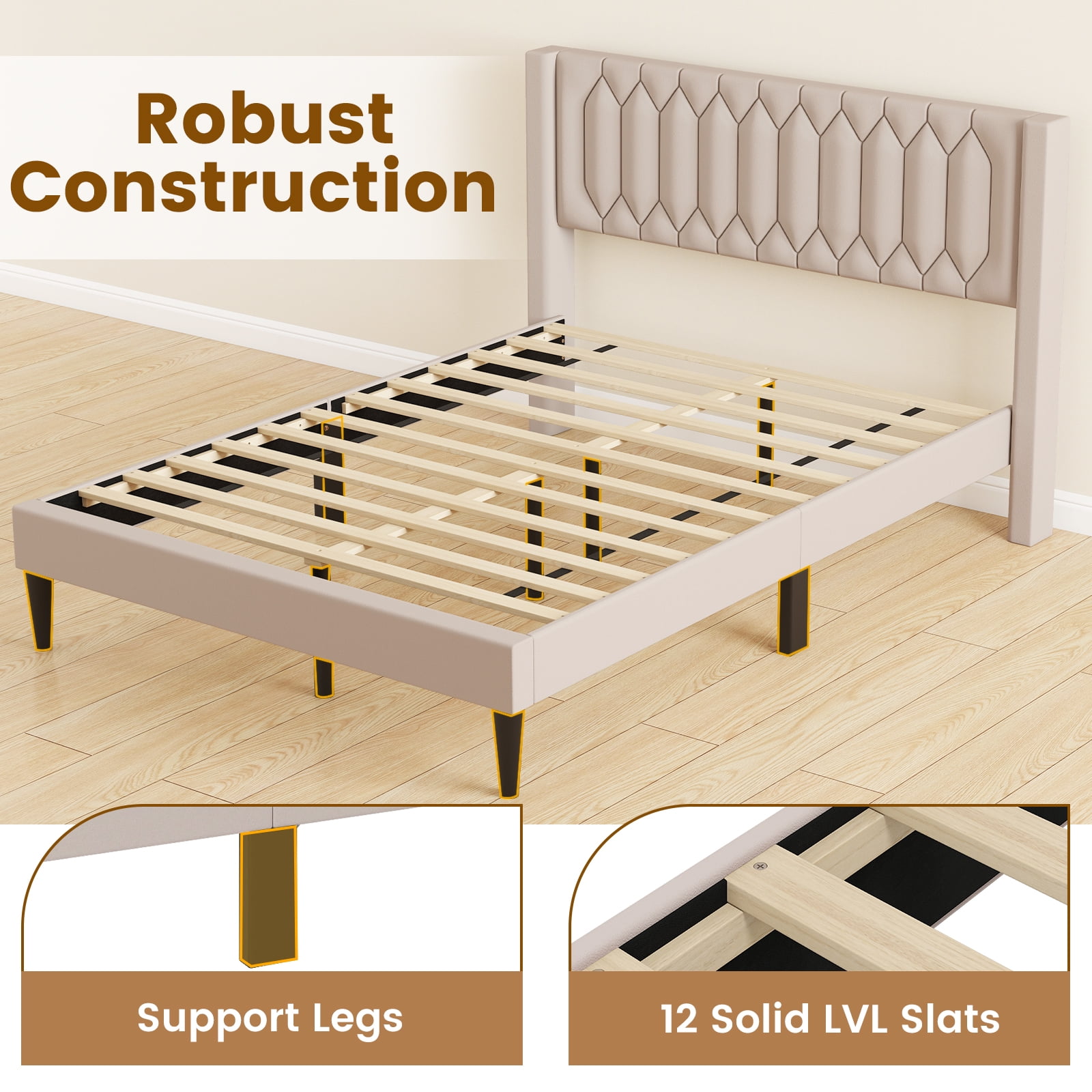 Gymax Queen Size Bed Frame Dutch Velvet Upholstered Platform Bed w/Wingback Headboard Beige