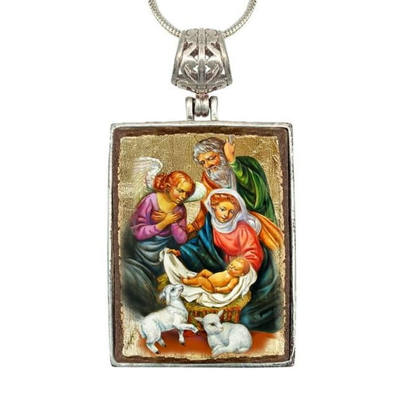 G. Debrekht 43020R The Holy Family Religious Jewelry Silver Plated Necklace, Gold-Plated Wooden Cabochon
