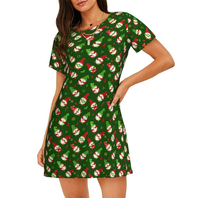 Cauagu Gnomes en Bonnets Imprimé Chemise de Nuit à Manches Courtes pour Femmes Chemise de Nuit Confortable Col Rond Mignonne Robe de Nuit à Volants