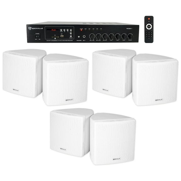 Rockville Commercial Restaurant Bluetooth Amplifier (6) 3.5" White Cube Speakers