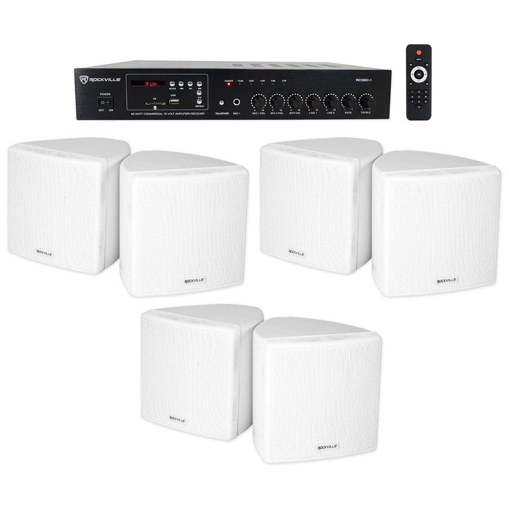 Rockville Commercial Restaurant Bluetooth Amplifier+(6) 3.5" White Cube