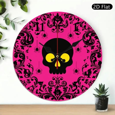 PALNKART Pink Damask Skull Spider Pattern Silent Non Ticking Round Wall Clock, Wall hanging decor Wall art Decor, lobby, corridor, dining room, bedroom, office, classroom