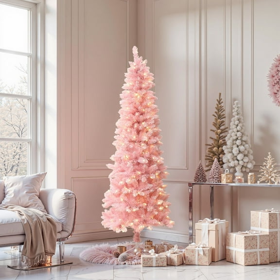 LuxenHome 6Ft Pink Pencil Artificial Tree with Warm White Lights and 8 Light Functions