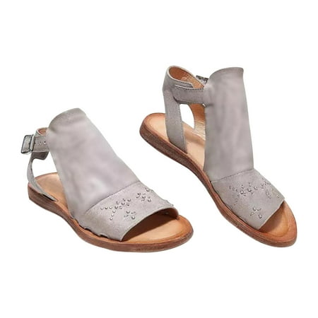 

Womens Summer Sandals Vintage Faux Leather Wrap Gladiator Shoes Casual Breathable Cut Out Peep Toe Ankle Strap Slingback Walking Flats