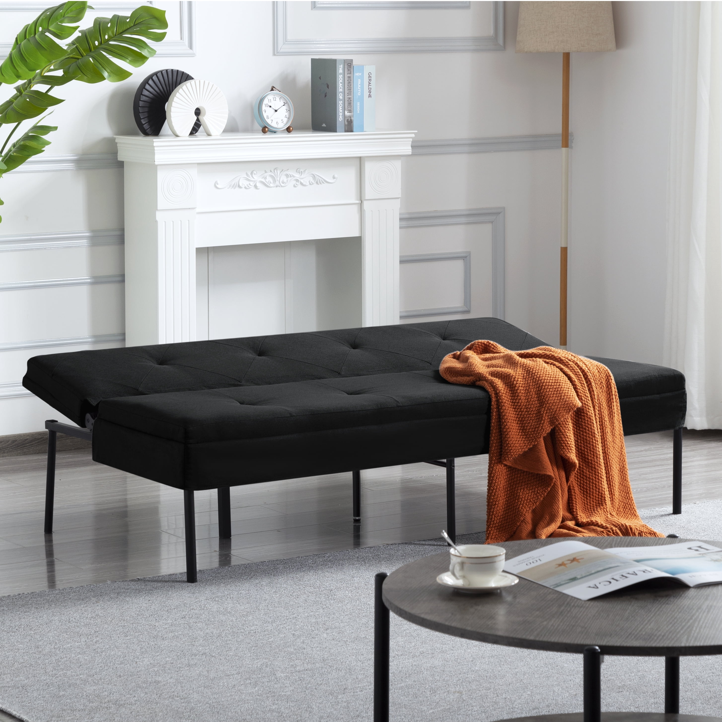 Gewnee 63.39”Futon Sofa Bed,Convertible Sleeper Couch - Iron Frame & 5 Adjustable Positions,Perfect for Living Room,Office,Apartment,Black