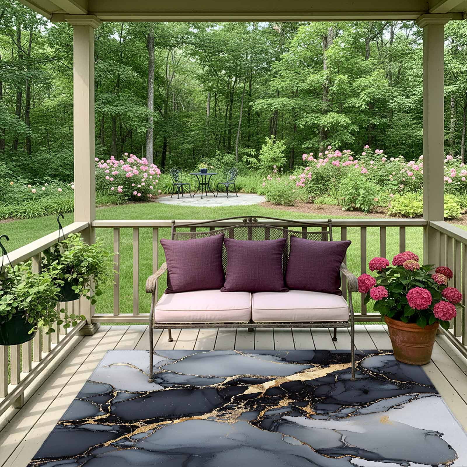 Outdoor Rug 5x8ft Ombre Black Marble Texture Large Area Rug Gold Waves Abstract Indoor Outdoor Carpet Outdoor Rugs Mats for Patio Camping,RV,Front Door, Outside Decor