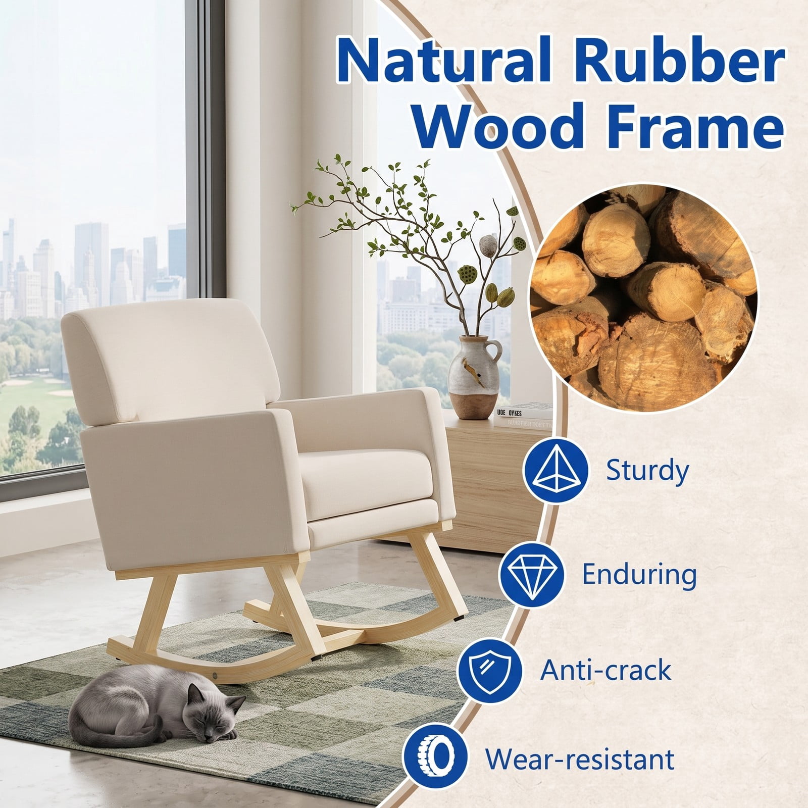 Furnibear Upholstered Rocking Chair with Solid Rubber Wood Base, High Back Padded Glider Nursery Accent Rocker for Living Room Bedroom, 350 lbs Capacity, Beige