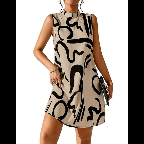 Vestido Mini de Cuello Alto para Mujer, Moderno, con Estampado Geométrico, Sin Mangas, Holgado e Informal. Caqui XL