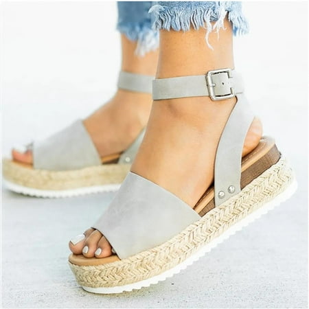 

pafei tyugd Women s Topic Open Toe Buckle Ankle Strap Espadrille Wedge Casual Synthetic Sandal Summer Beach Platform Sandals Size 4.5