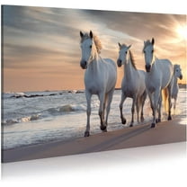 White Horses Canvas Wall Picture - Horses Running on the Beach Art Painting with Sunset Wild Animals Artwork Picture for Office Kitchen
