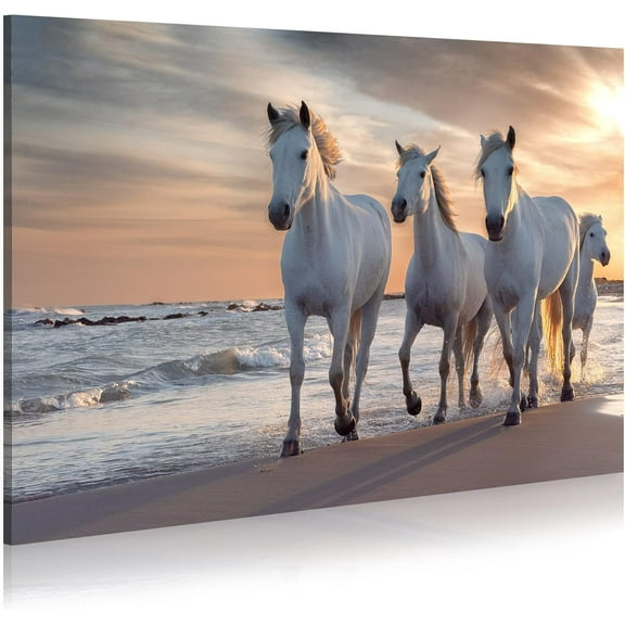 White Horses Canvas Wall Picture - Horses Running on the Beach Art Painting with Sunset Wild Animals Artwork Picture for Office Kitchen