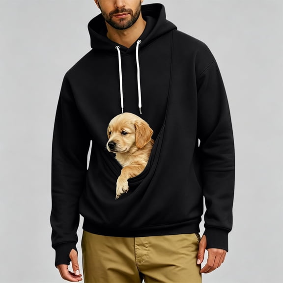 Mifsaly Mens Kangaroo Pouch Hoodie Long Sleeve Hooded Sweatshirt Dogs Cats Pet Carrier Animal Holder Pullover Black,M