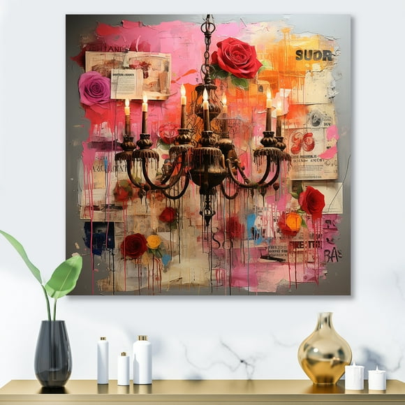 Designart "Pink Chandelier in Pop Art Style I" Chandelier Metal Wall Art, Pink Metal Wall Decor, Glam Metal Art Decor For Entryway - 36x36 Inch
