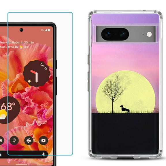 Slim-Fit Gel TPU Phone Case for Google Pixel 7, with Tempered Glass Screen Protector, by OneToughShield ® - Moonlight Dachshund