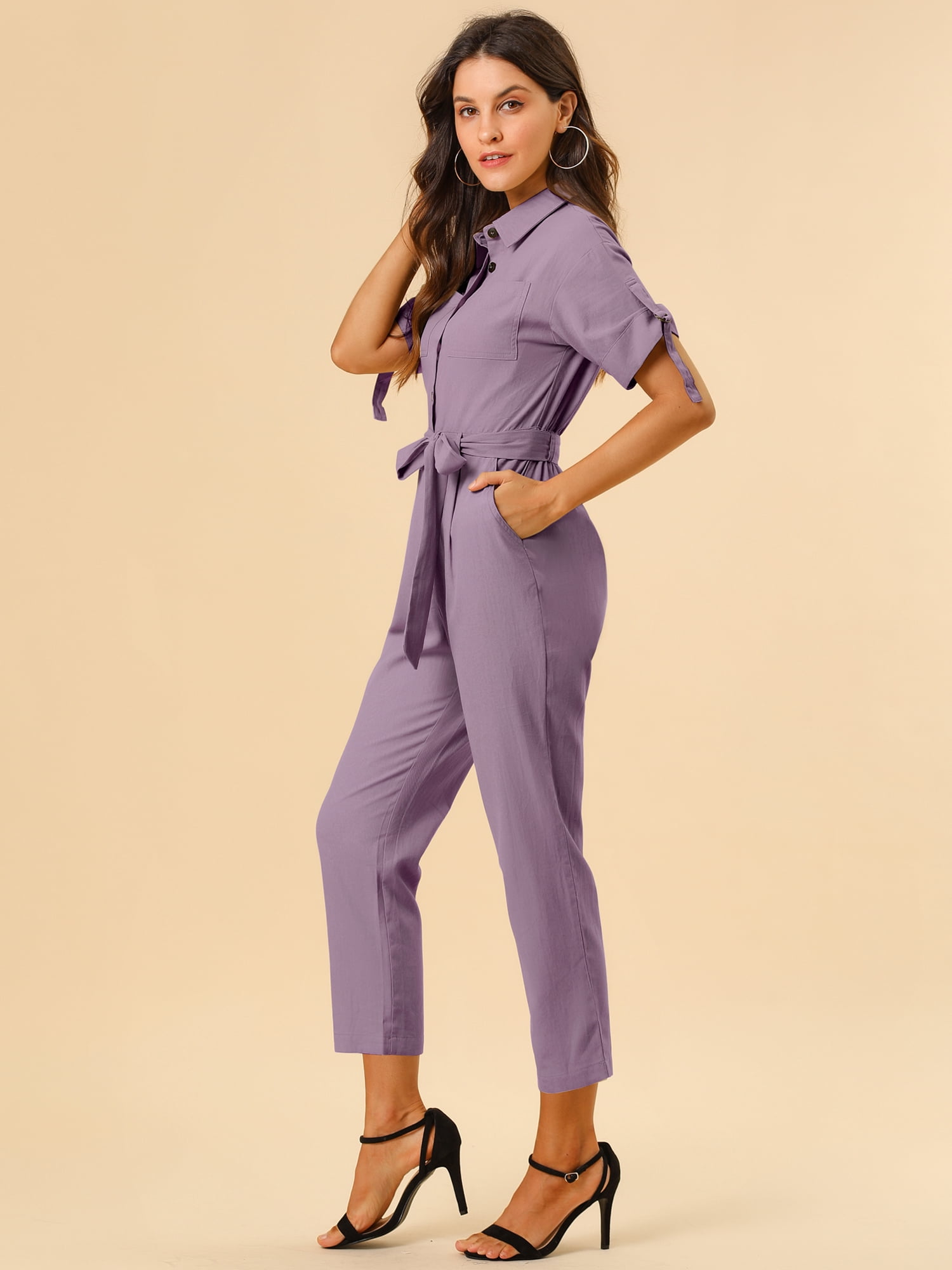 DARING DIVA Women's Button Up Tie Waist Jumpsuit with Pockets XS Dusty Purple