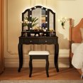 thumbnail image 1 of Costway Makeup Vanity Set with Tri-Fold Mirror & LED Lights 4 Drawers Open Shelf Black, 1 of 10