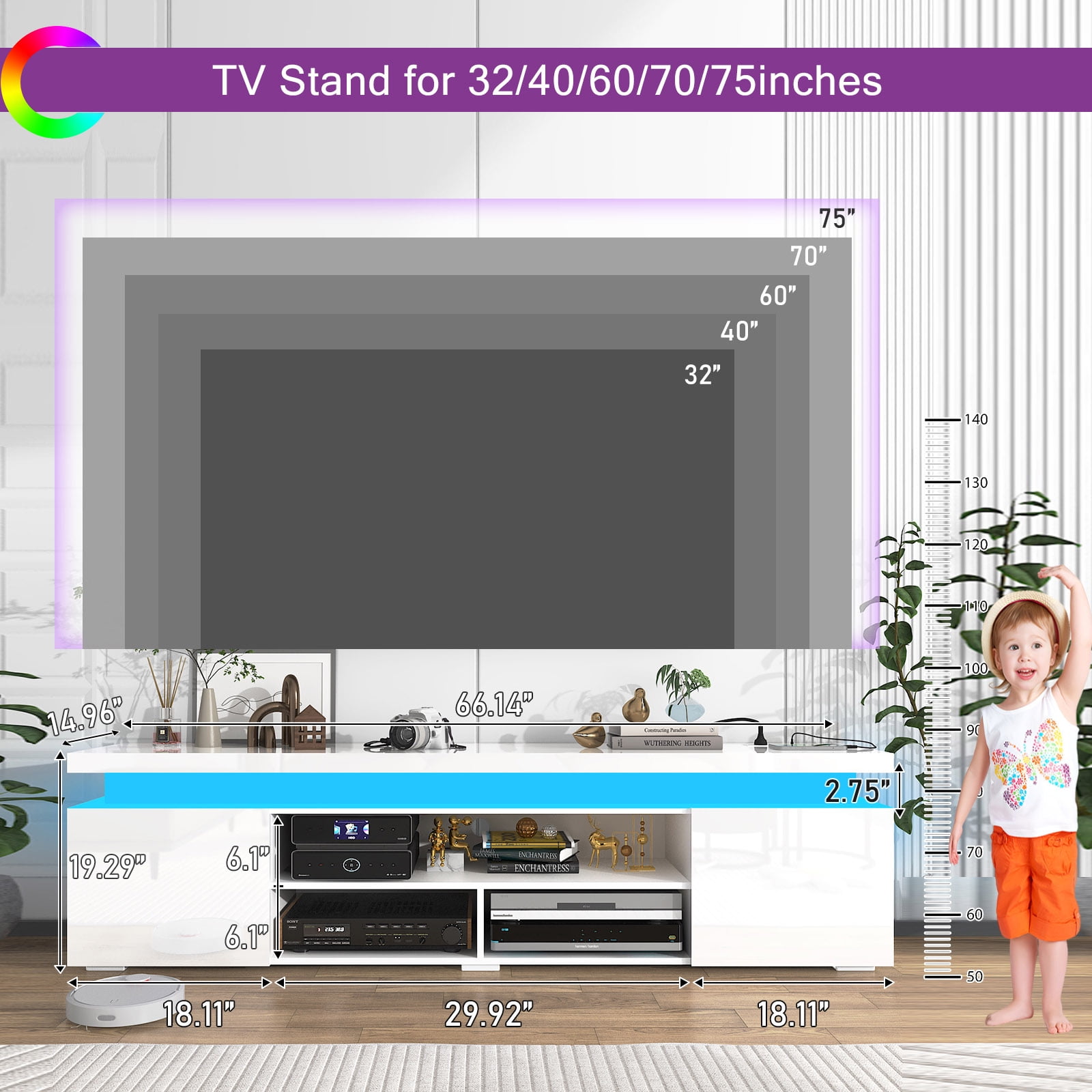 LED TV Stand for TVs up to 75" with Power Outlets, High Gloss Gaming Entertainment Center Media Console with Sound Bar Shelf